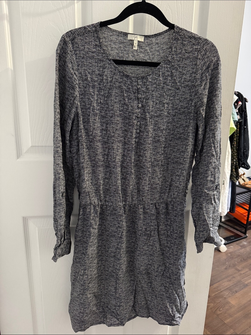 Joie Long-Sleeve Henley Waist-Gather Dress - Gray